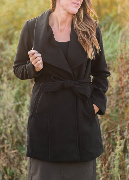Black Collared Belted Fleece Coat - FINAL SALE Tops