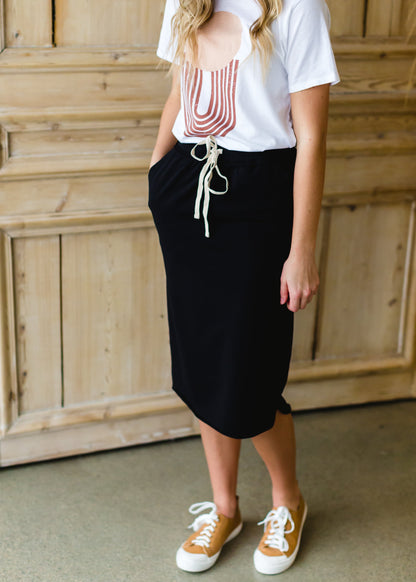 Black Cotton Elastic Waist Midi Skirt - FINAL SALE Skirts