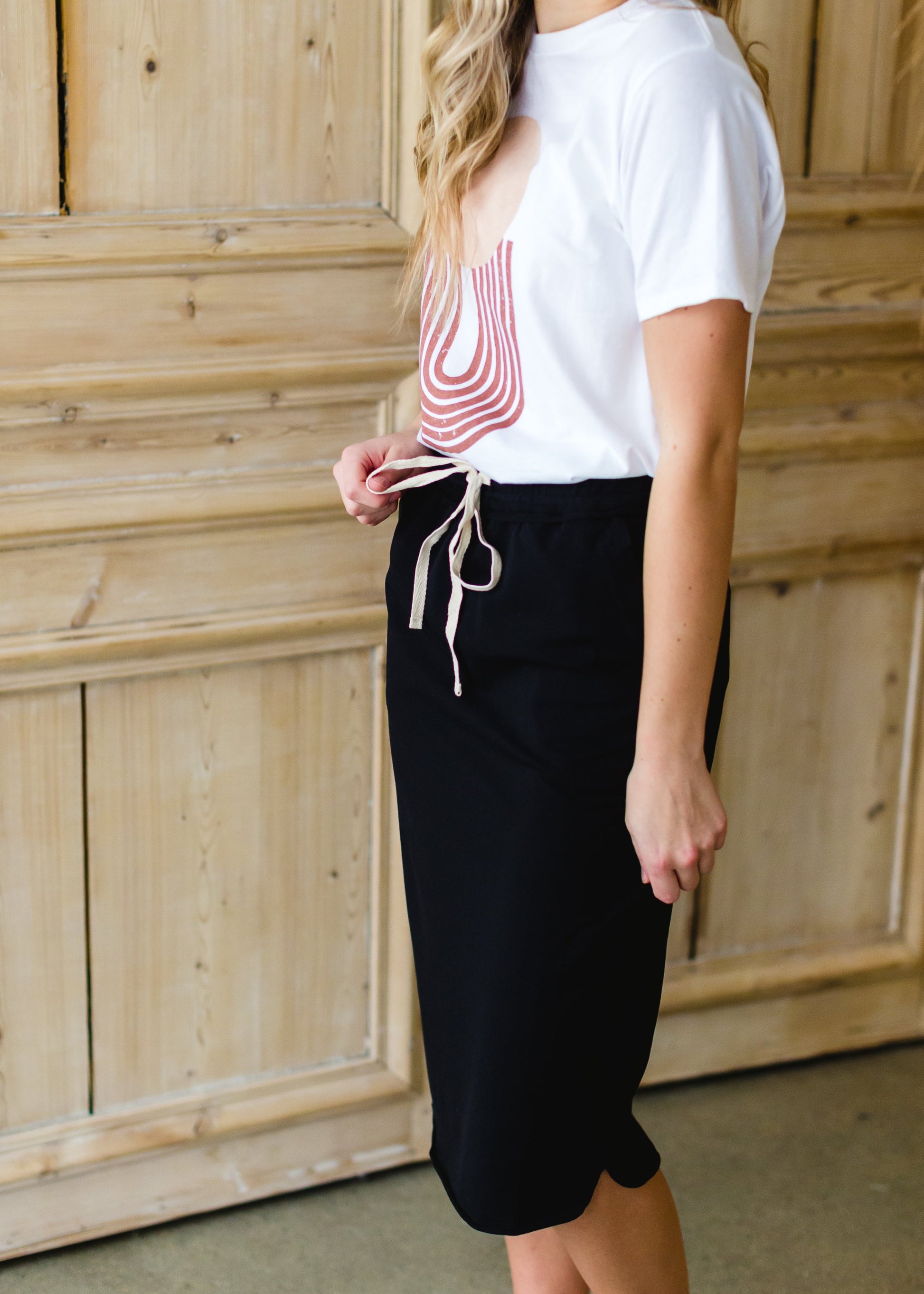 Black Cotton Elastic Waist Midi Skirt - FINAL SALE Skirts