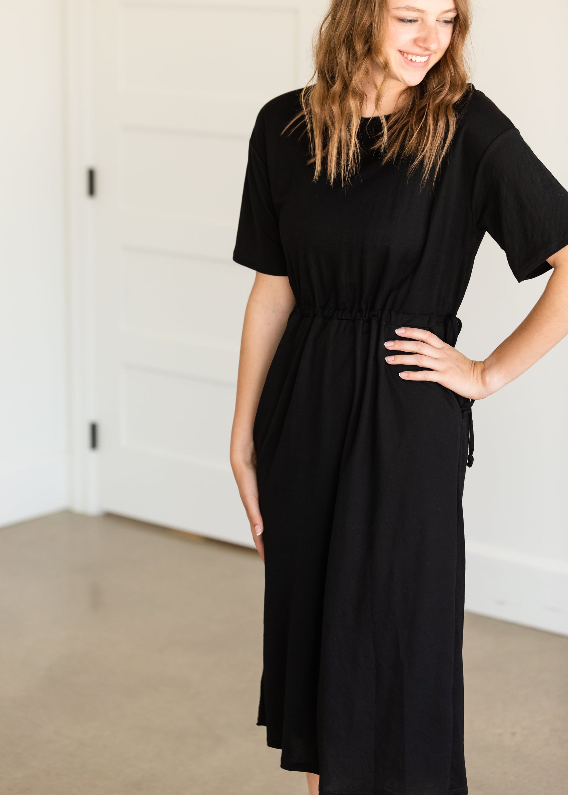 Black Drawstring T-Shirt Midi Dress Dresses