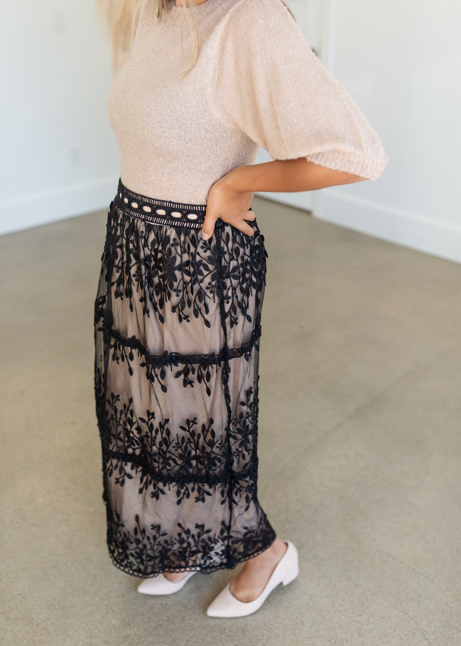 Black Embroidered Lace Overlay Tiered Midi Skirt Skirts Polagram + BaeVely