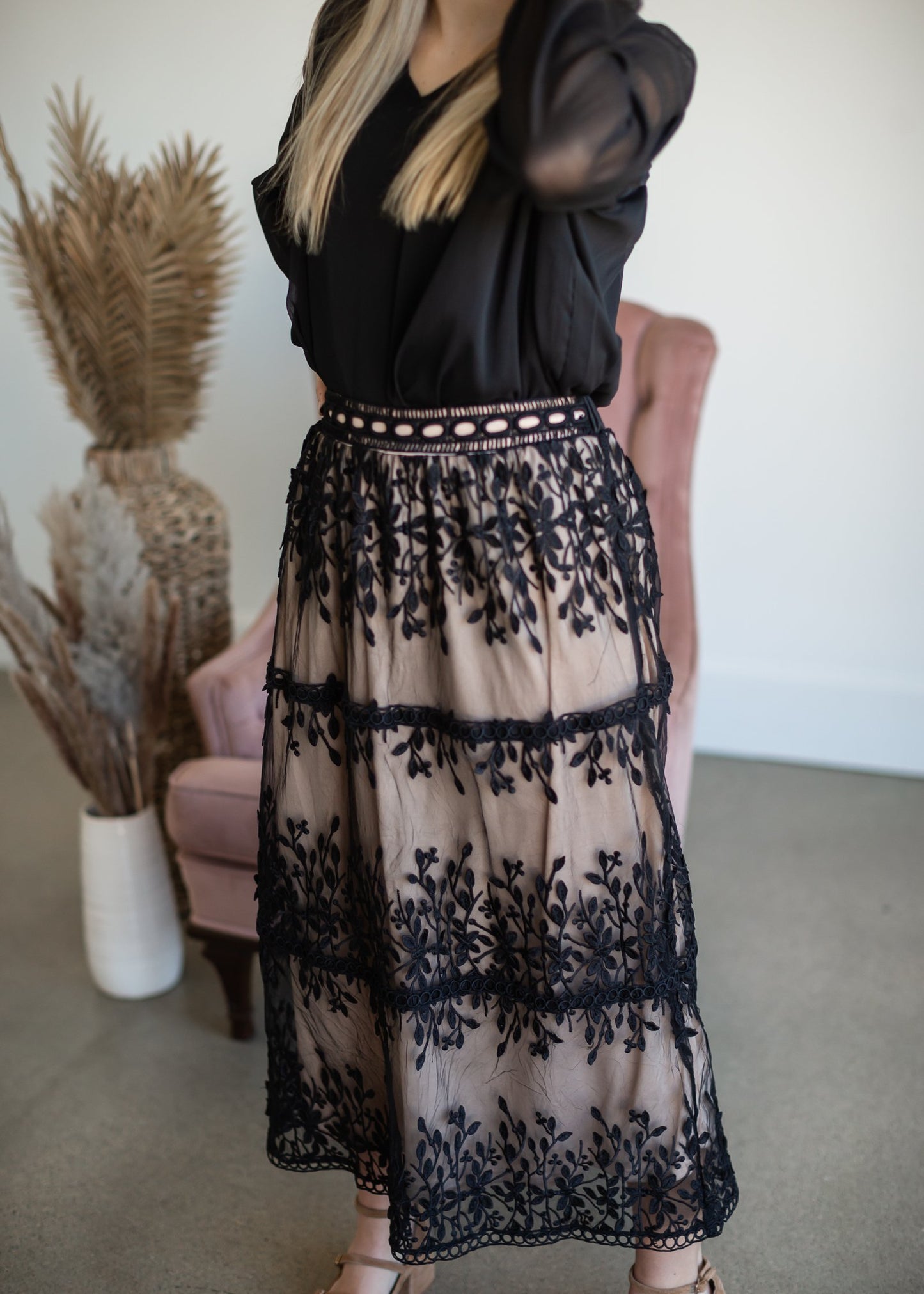Black Embroidered Lace Overlay Tiered Midi Skirt Skirts Polagram + BaeVely