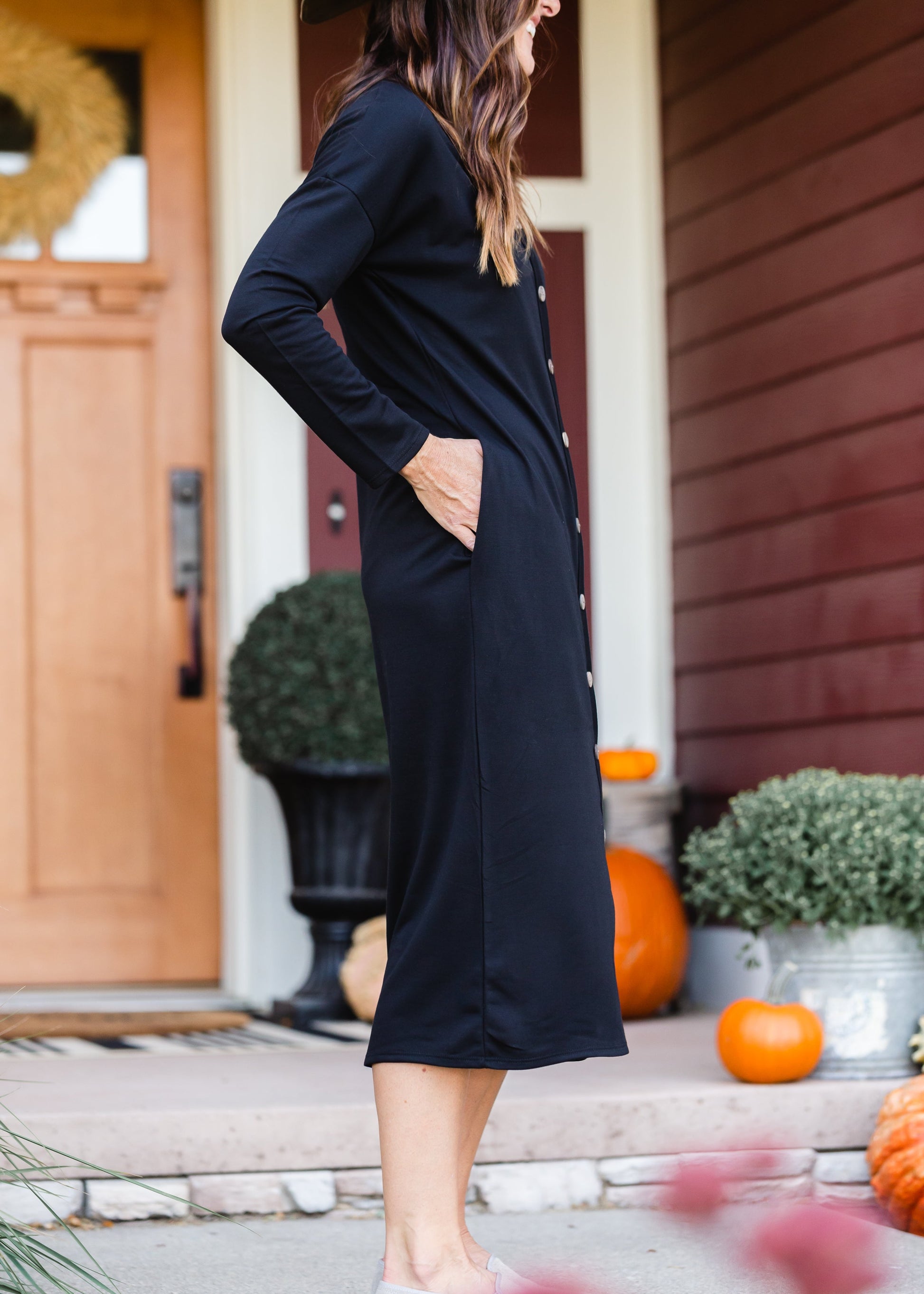 Black Faux Button Midi Dress Dresses