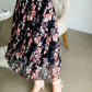Black Floral Pleated Midi Skirt Skirts