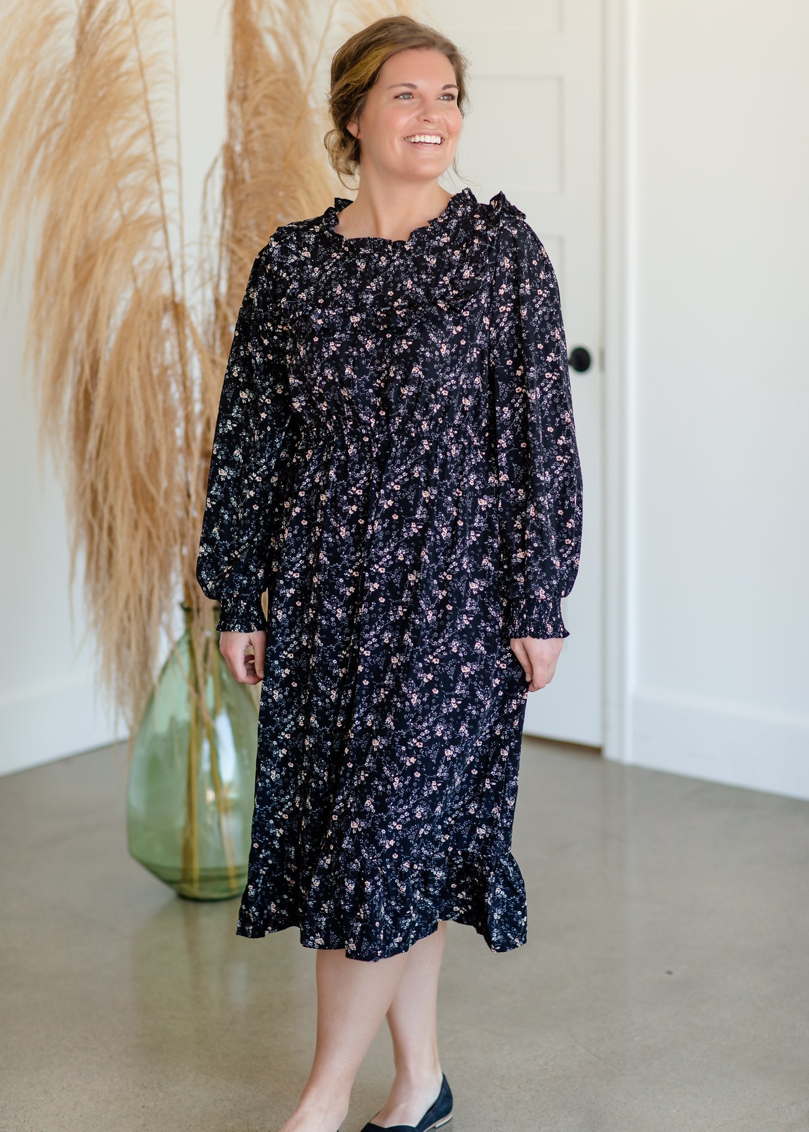 Black Floral Ruffle Smocked Midi Dress Dresses Hayden