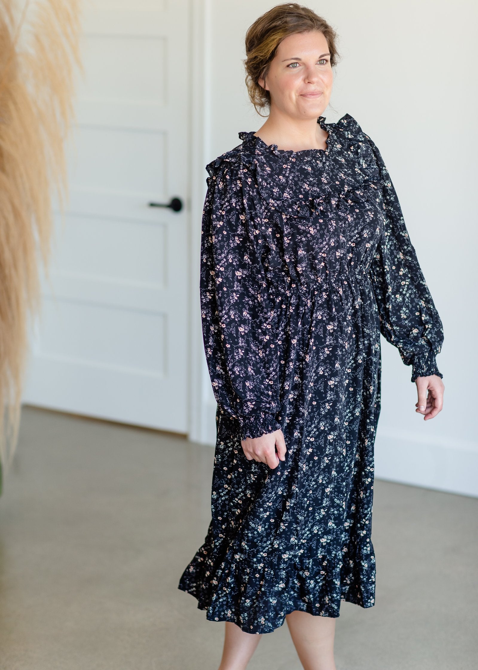 Black Floral Ruffle Smocked Midi Dress Dresses Hayden