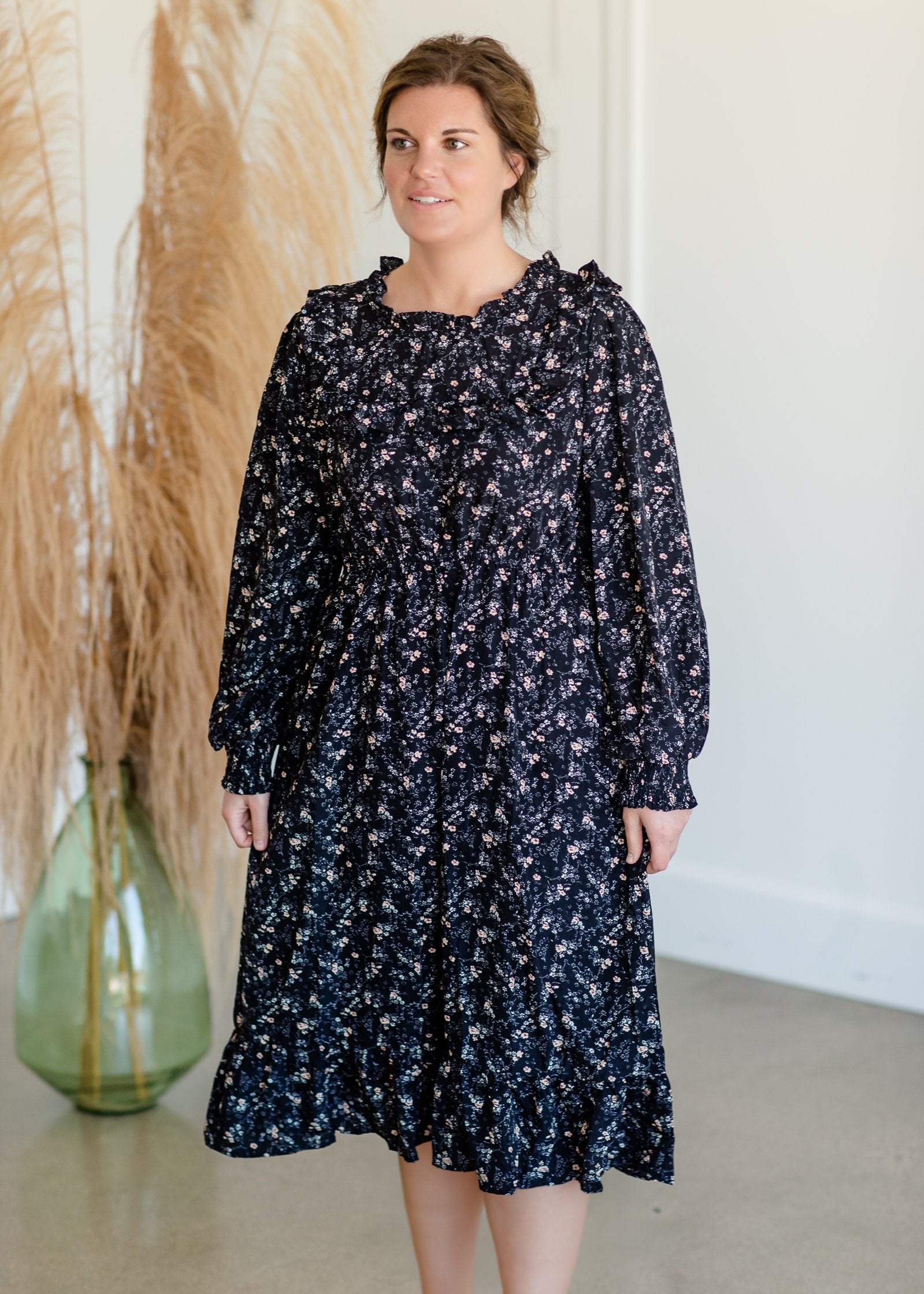 Black Floral Ruffle Smocked Midi Dress Dresses Hayden