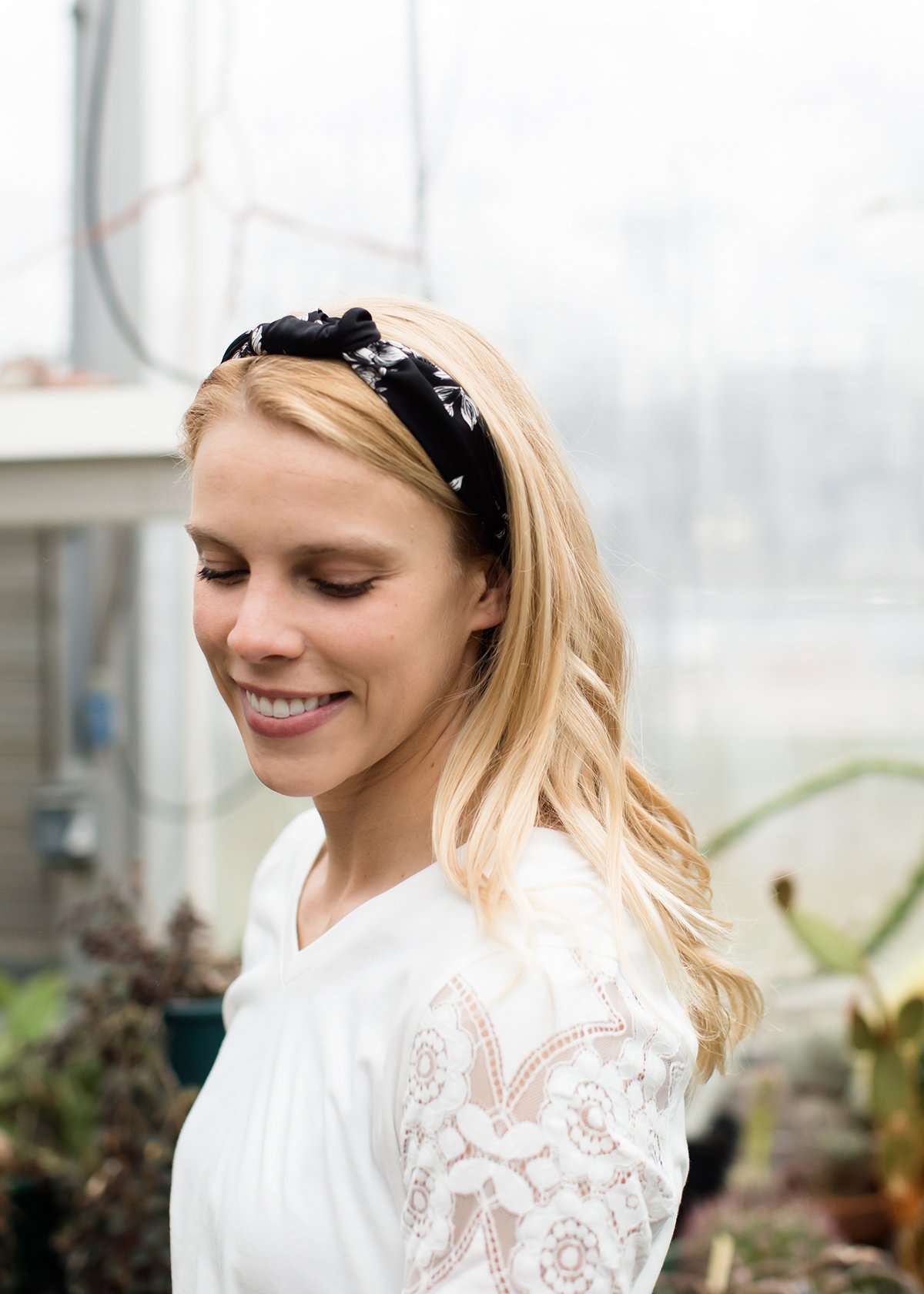 Black floral satin knotted headband