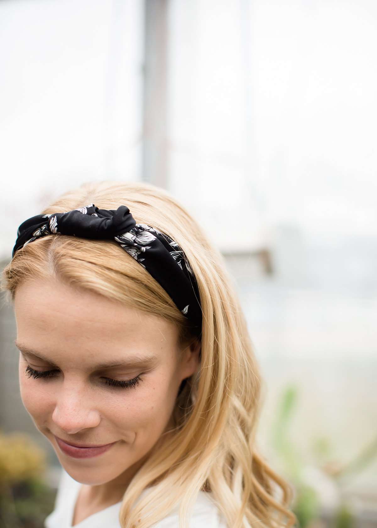 Black floral satin knotted headband