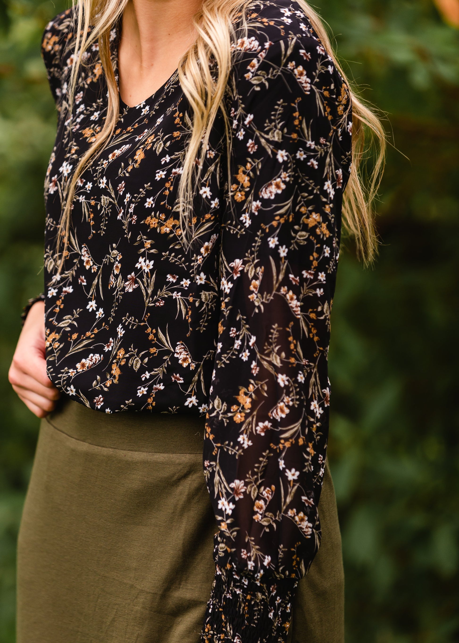 Black Floral V-Neck Blouse - FINAL SALE Tops