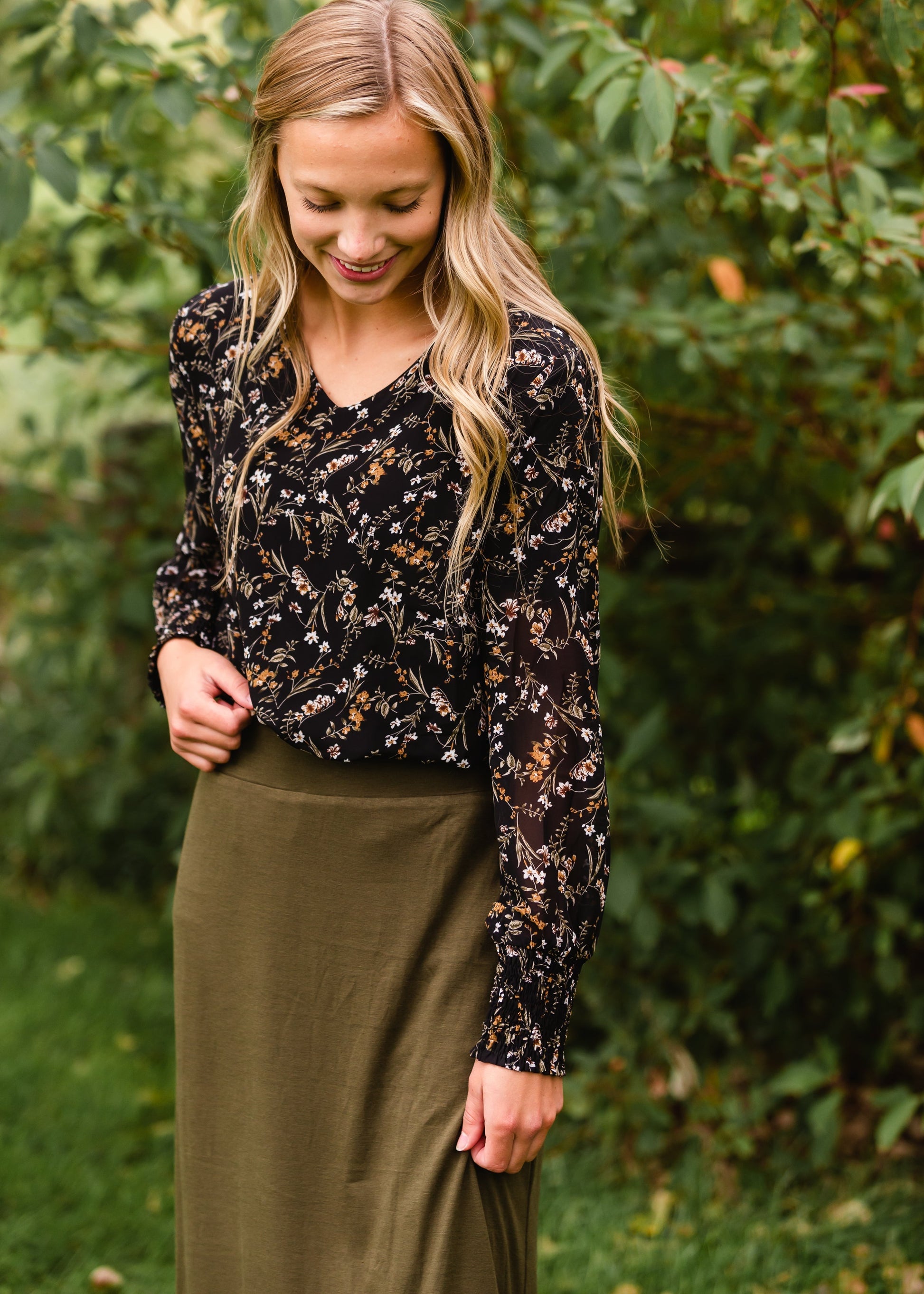 Black Floral V-Neck Blouse - FINAL SALE Tops