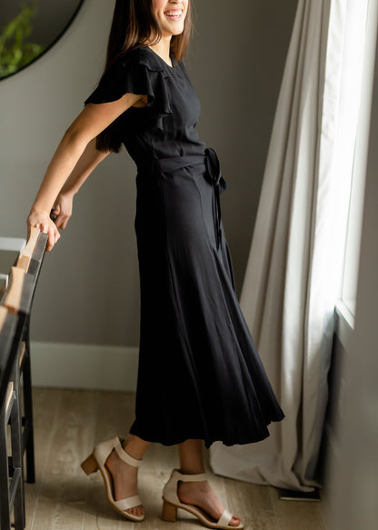 Black Flutter Sleeve Tie Waist Maxi Dress Dresses
