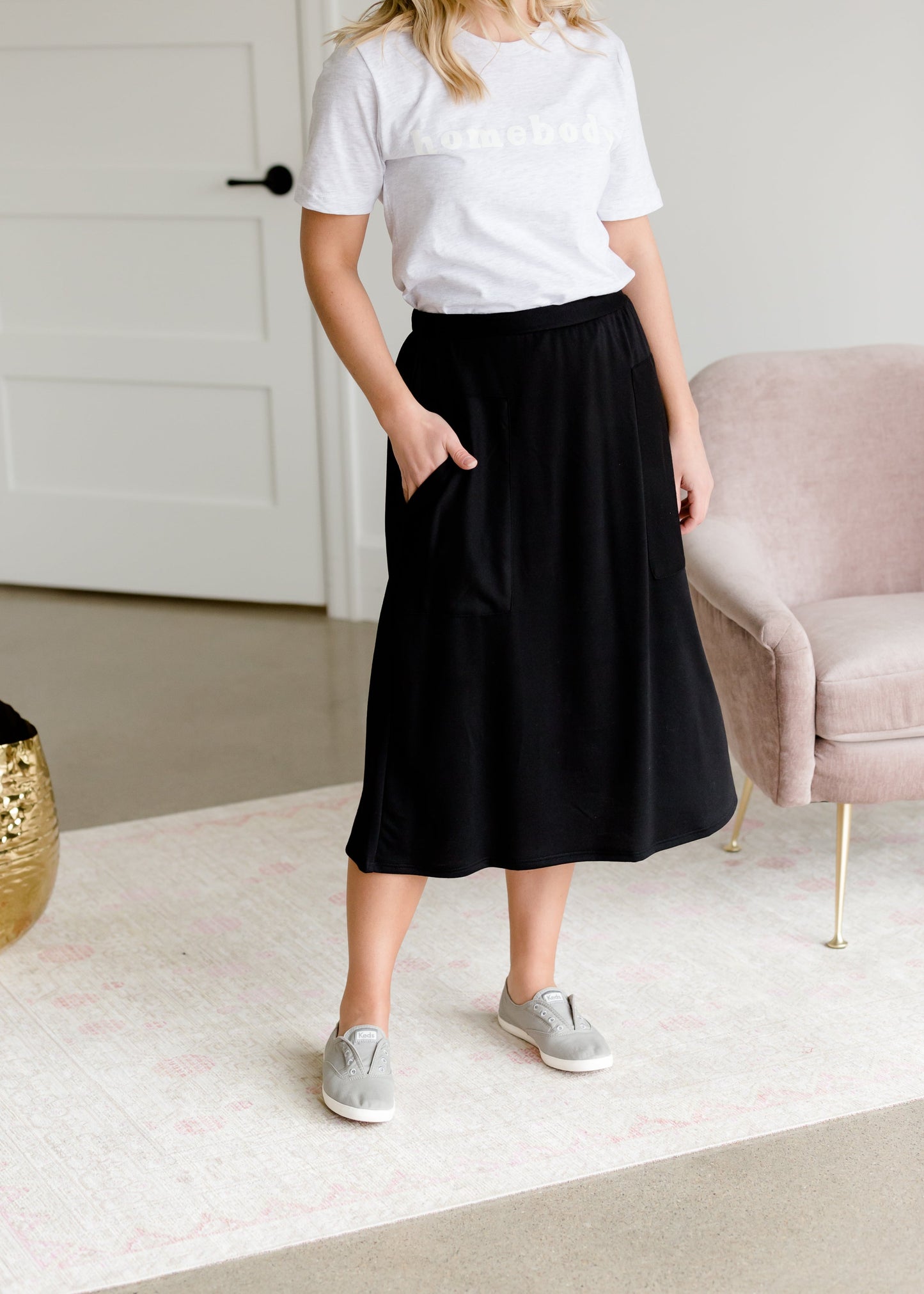 Black Knit Pocket Midi Skirt Skirts