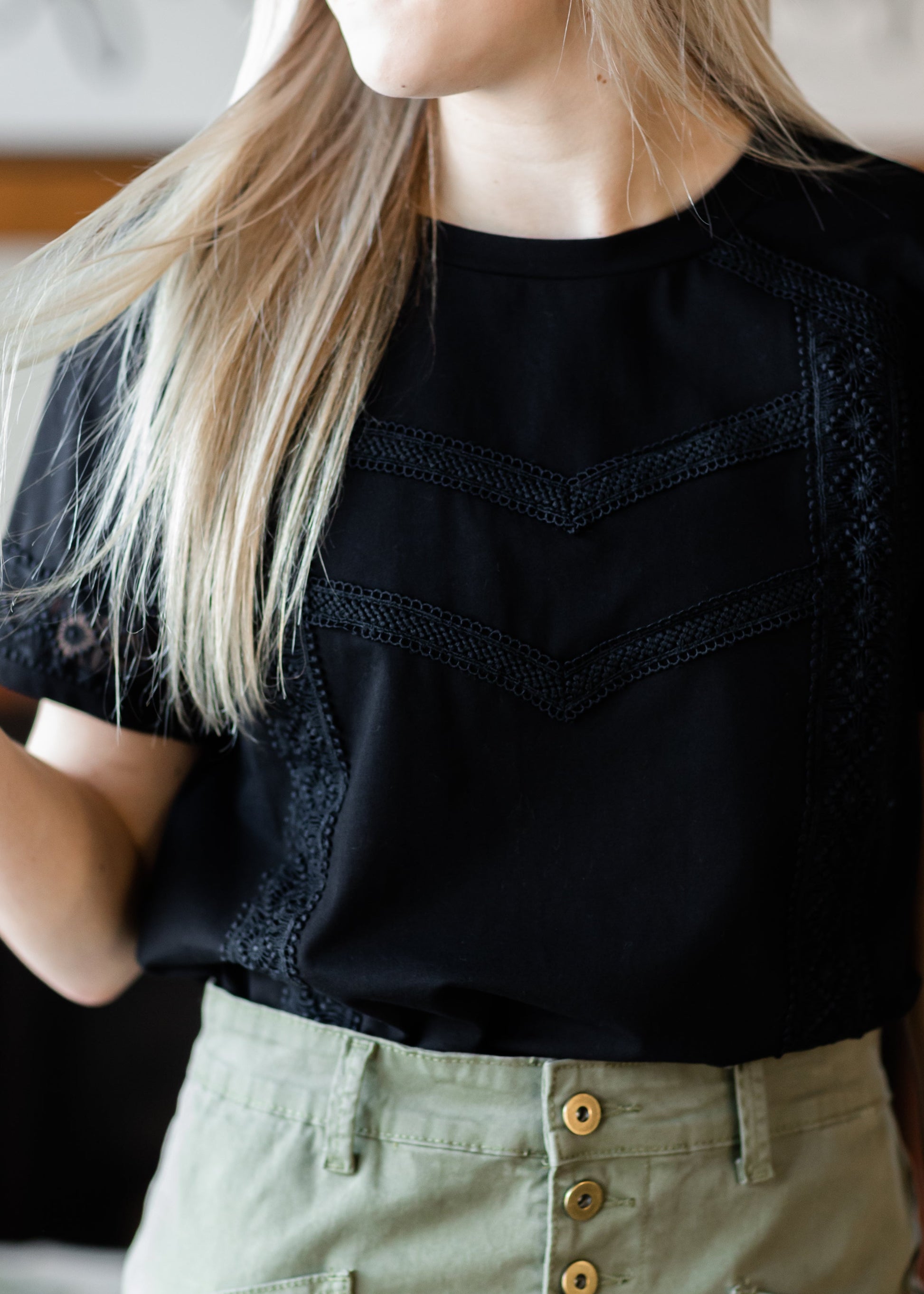 Black Lace Detail T-Shirt - FINAL SALE Tops