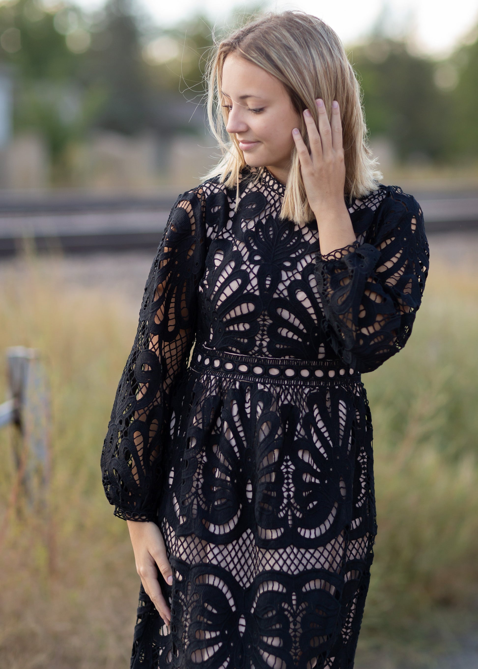 Black Lace Long Sleeve Midi Dress Dresses