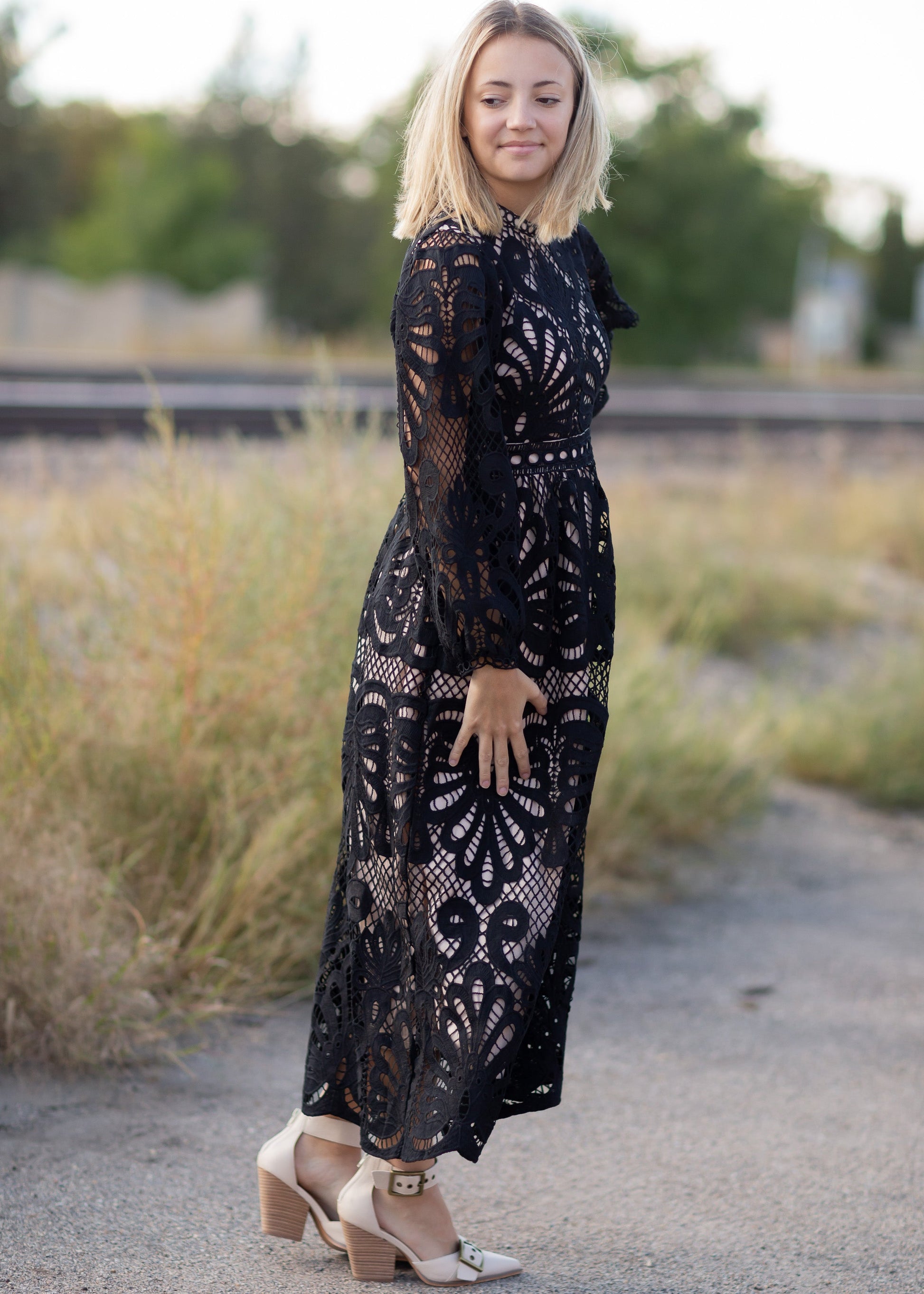 Black Lace Long Sleeve Midi Dress Dresses
