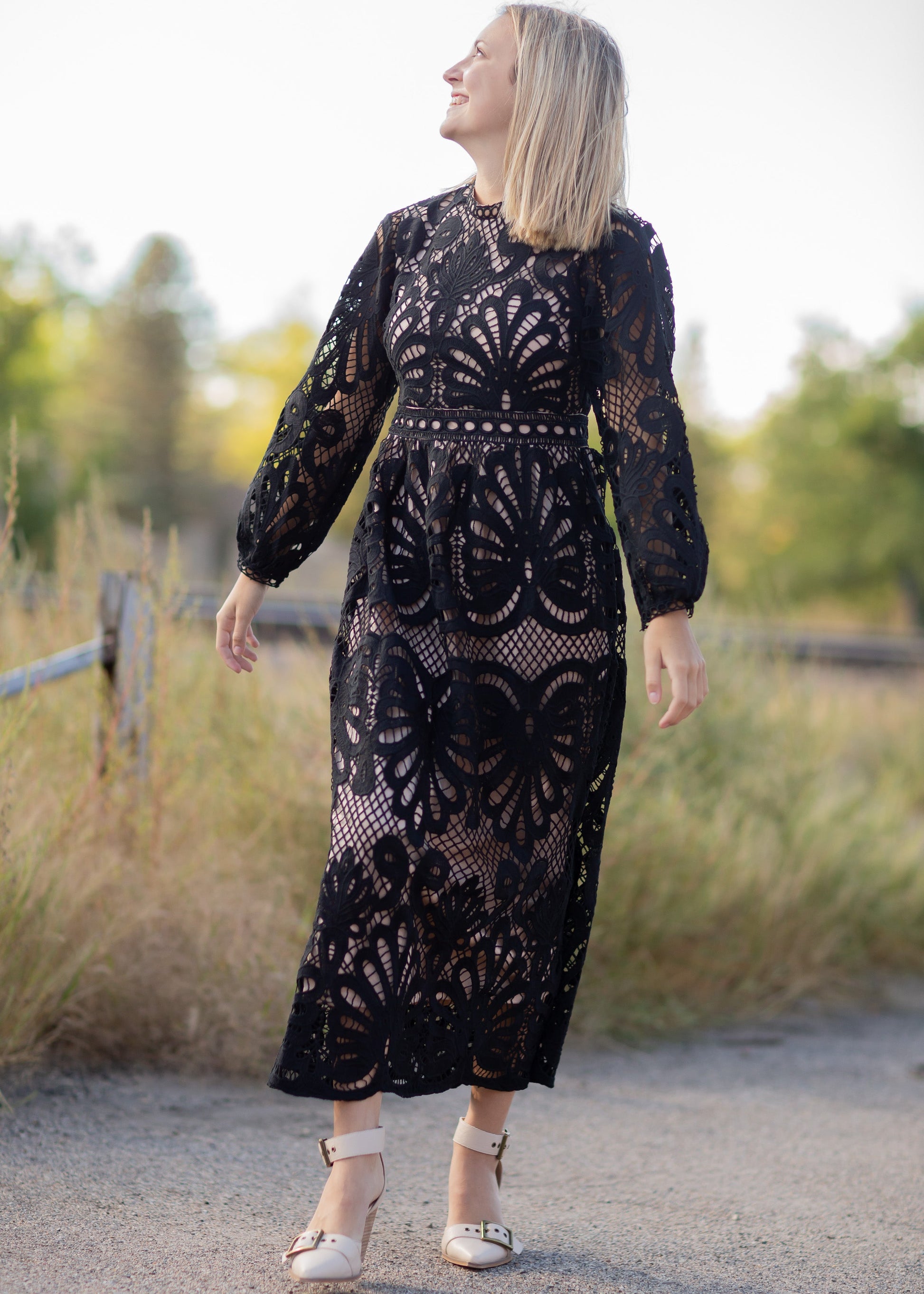 Black Lace Long Sleeve Midi Dress Dresses