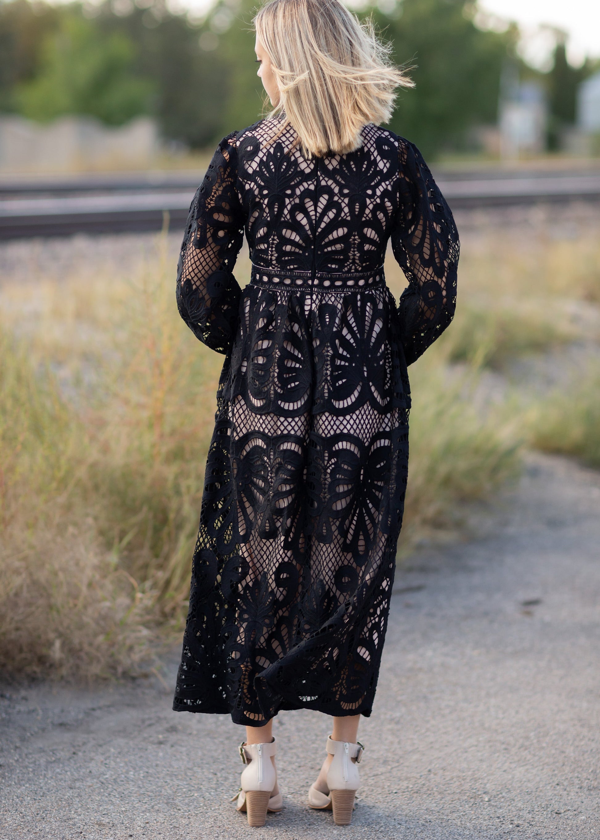 Black Lace Long Sleeve Midi Dress Dresses