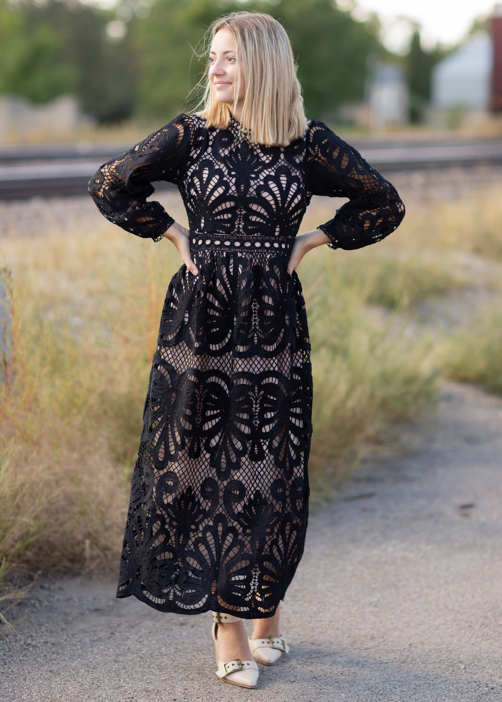 Black Lace Long Sleeve Midi Dress Dresses