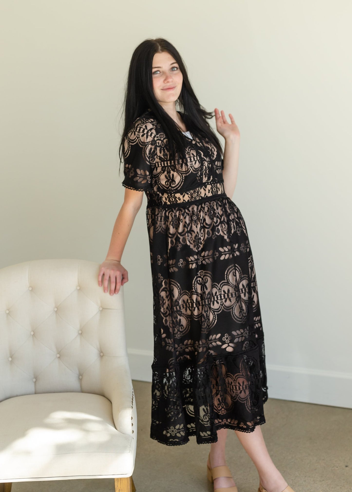 Black Lace Overlay Midi Dress Dresses Polagram