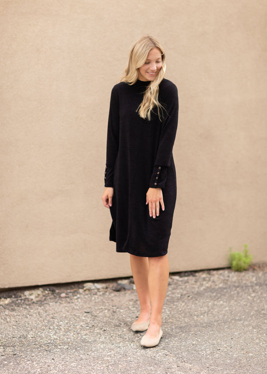 Black Long Sleeve Button Midi Dress Dresses