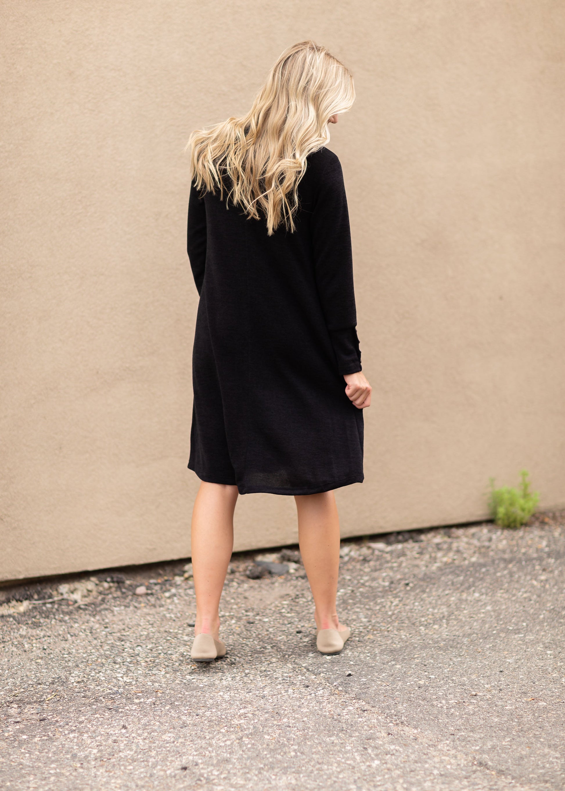 Black Long Sleeve Button Midi Dress Dresses