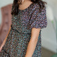 Black Puff Sleeve Tiny Floral Tiered Midi Dress Dresses Mikarose