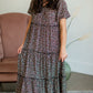 Black Puff Sleeve Tiny Floral Tiered Midi Dress Dresses Mikarose