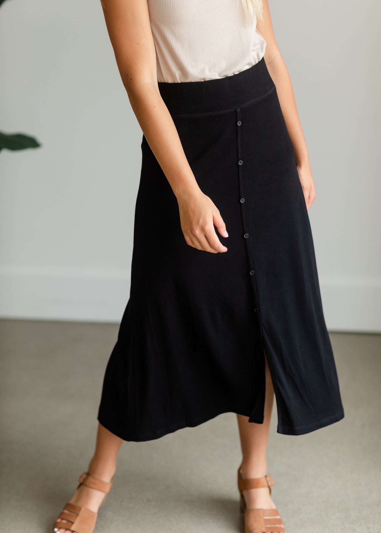 Black Ribbed Button Front Midi Skirt Skirts