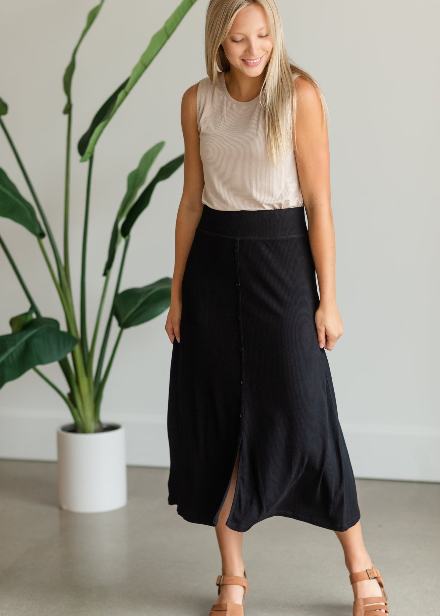 Black Ribbed Button Front Midi Skirt Skirts
