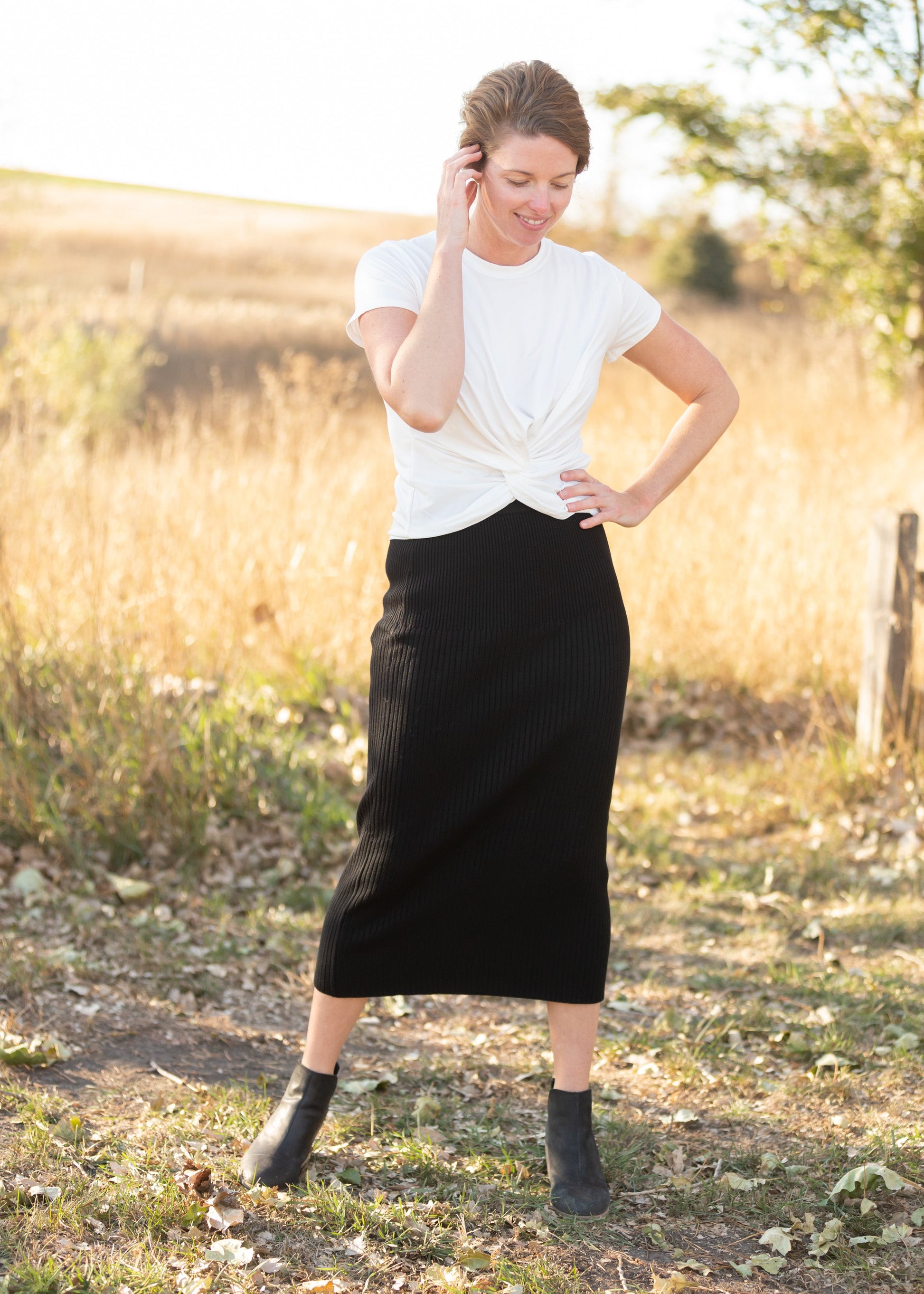 Black Ribbed Knit Sweater Midi Skirt Skirts
