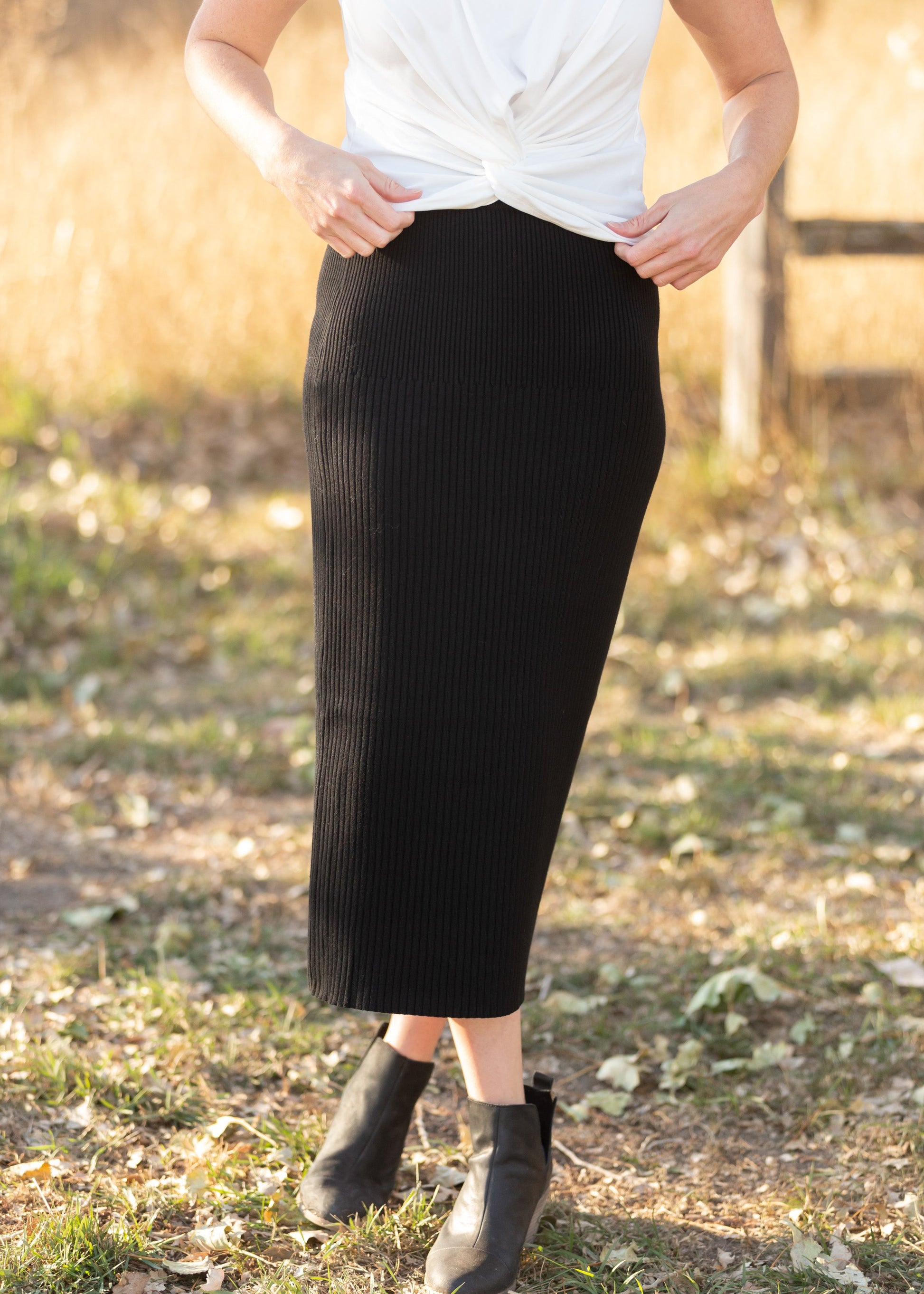 Black Ribbed Knit Sweater Midi Skirt Skirts