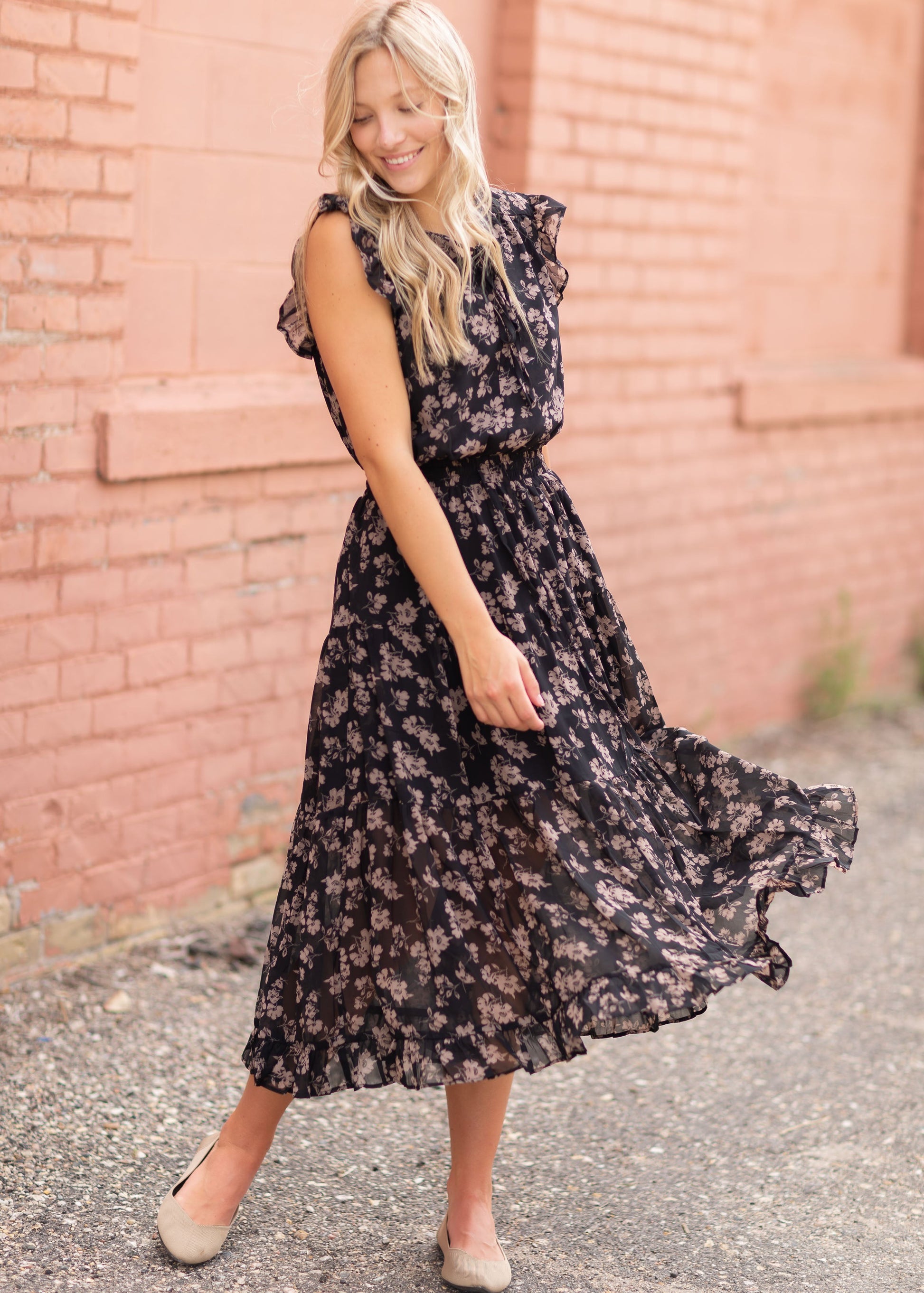 Black Ruffle Floral Midi Dress Dresses