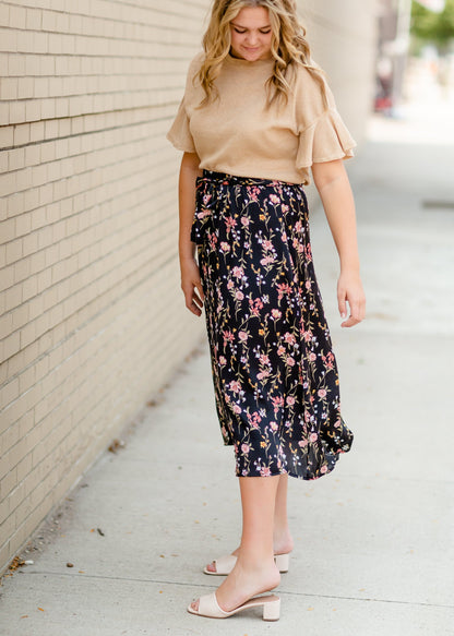 Black Satin Floral Midi Skirt Dresses Tea N Rose