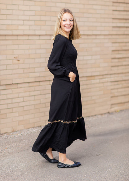 Black Smocked Bodice Maxi Dress Dresses