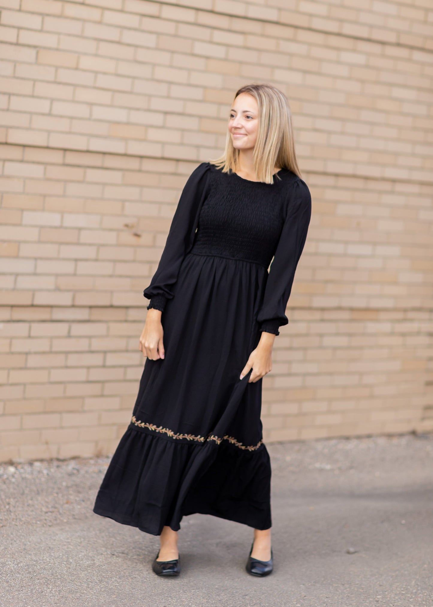 Black Smocked Bodice Maxi Dress Dresses