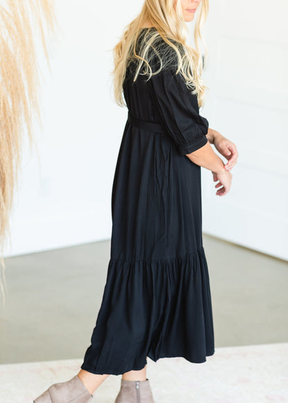 Black Square Neck Ruffle Hem Midi Dress - FINAL SALE Dresses