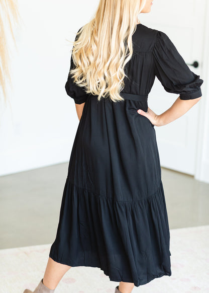 Black Square Neck Ruffle Hem Midi Dress - FINAL SALE Dresses