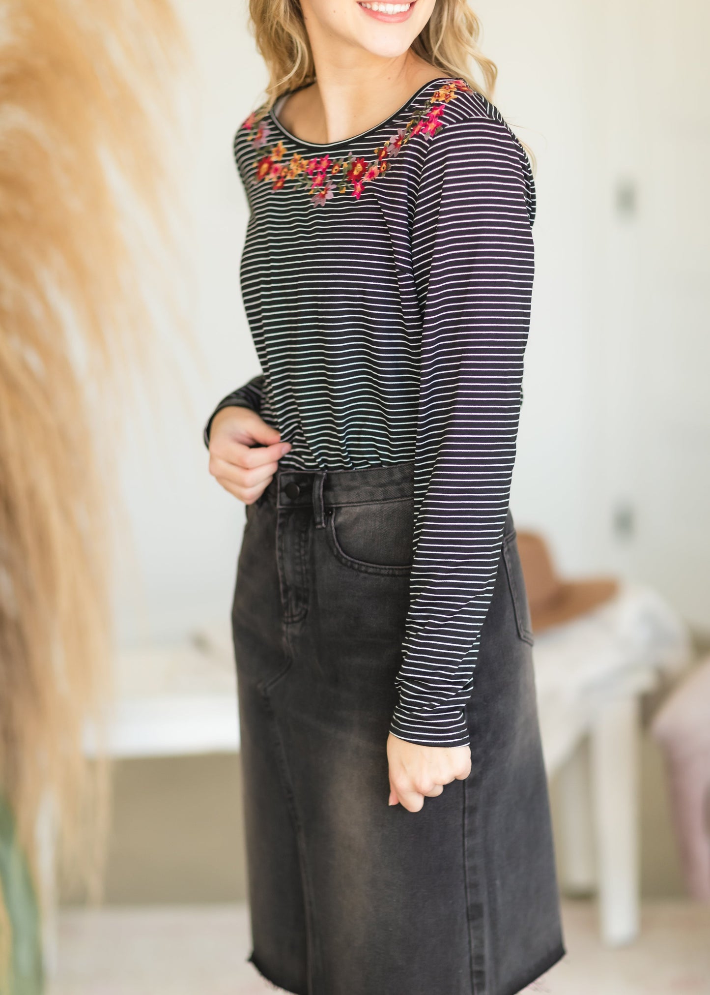 Black Striped Knit Embroidered Top - FINAL SALE Tops