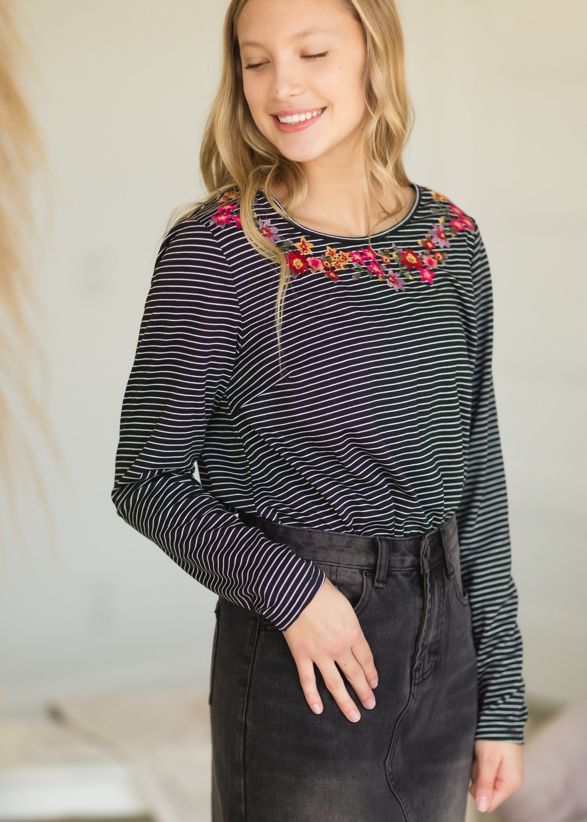 Black Striped Knit Embroidered Top - FINAL SALE Tops