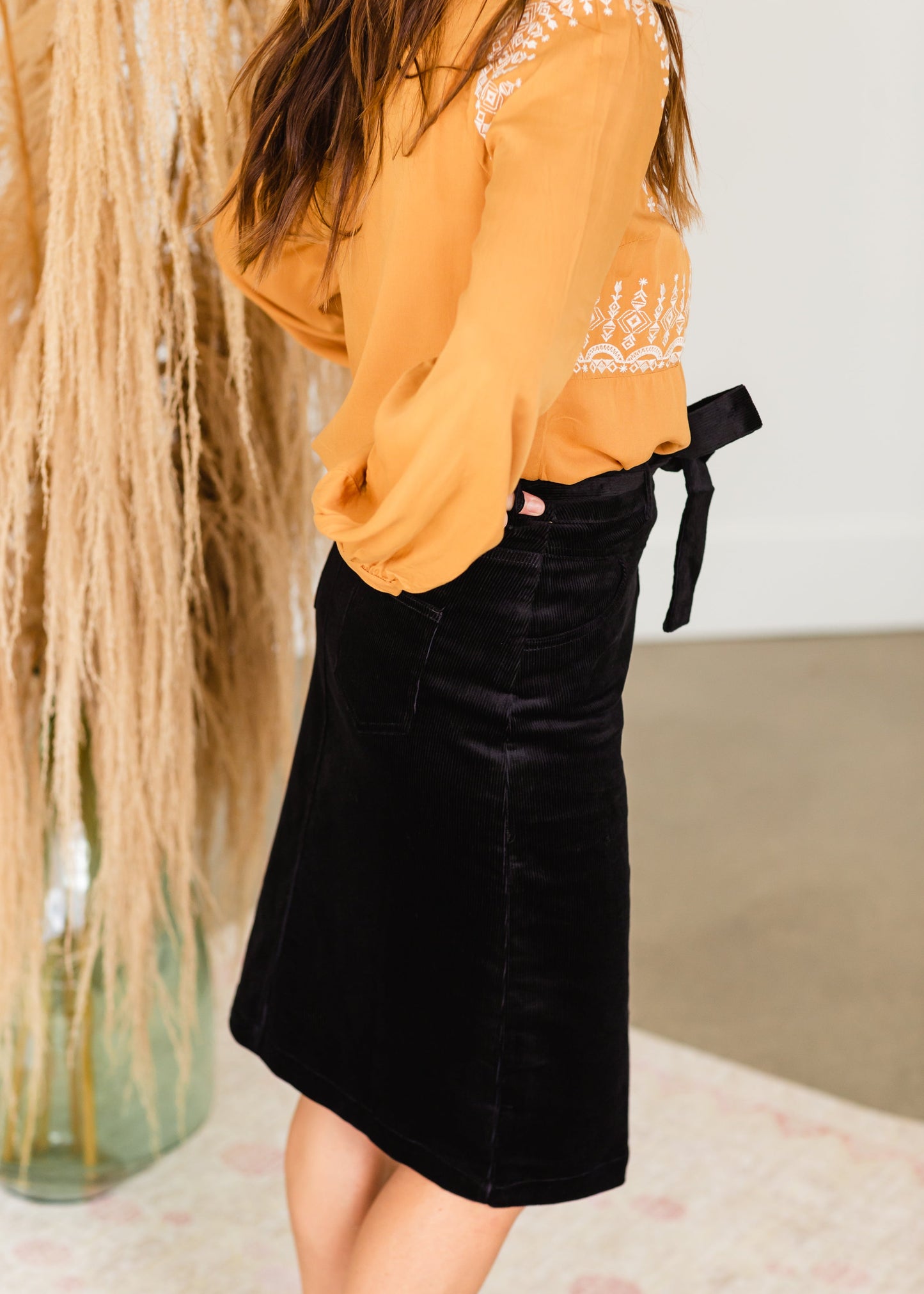 Black Tie Waist Corduroy Midi Skirt Skirts