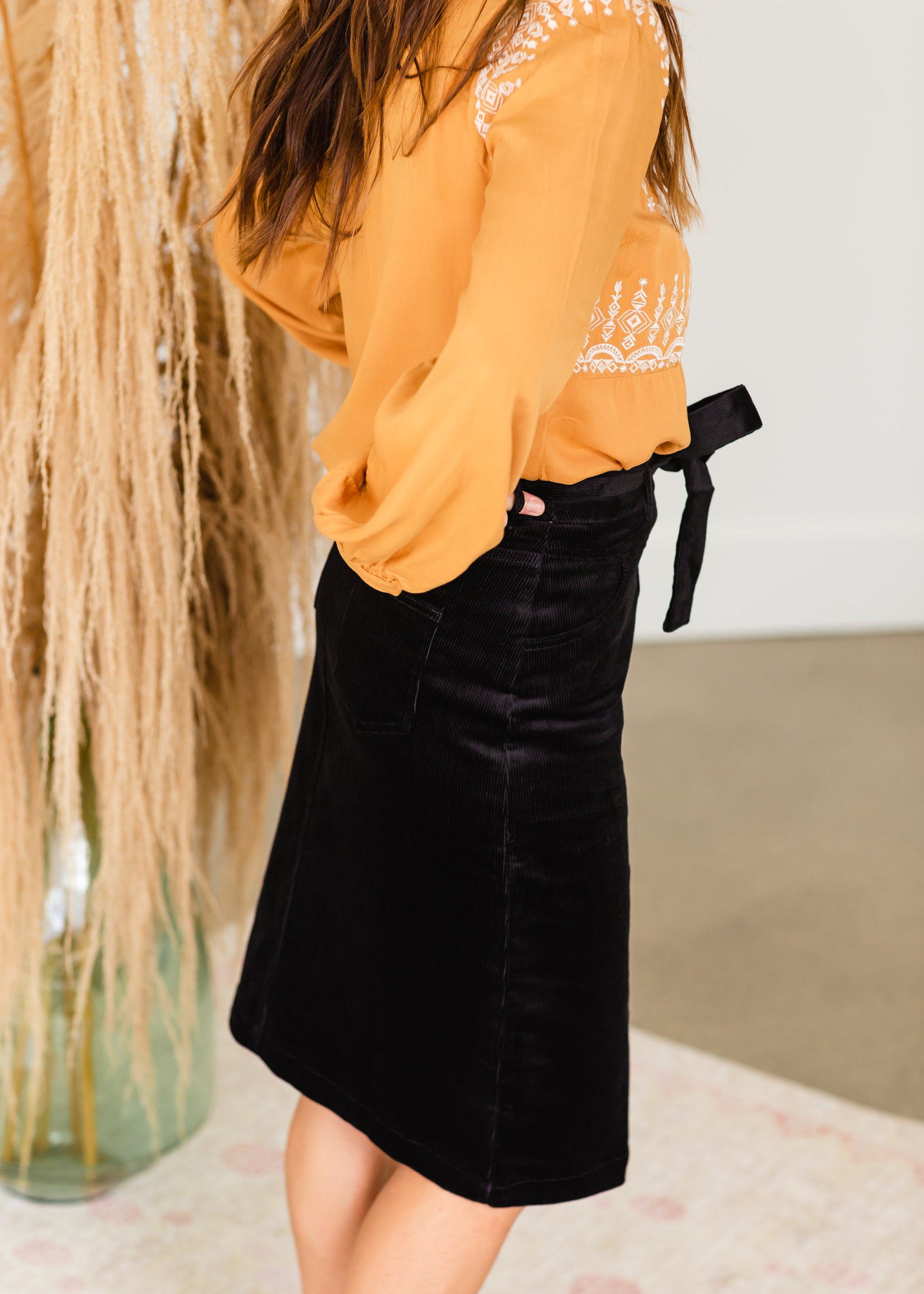 Black Tie Waist Corduroy Midi Skirt Skirts