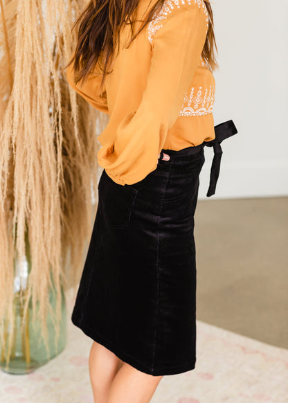 Black Tie Waist Corduroy Midi Skirt Skirts