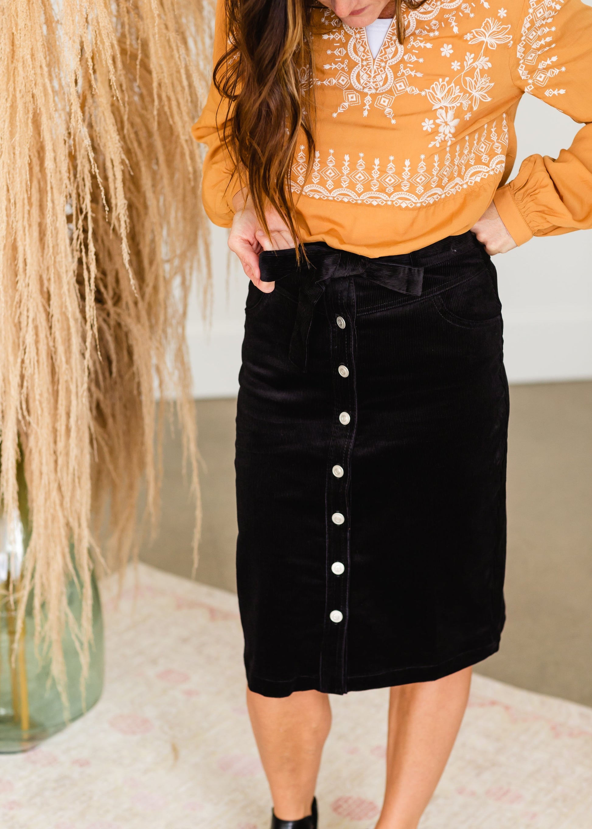 Black Tie Waist Corduroy Midi Skirt Skirts