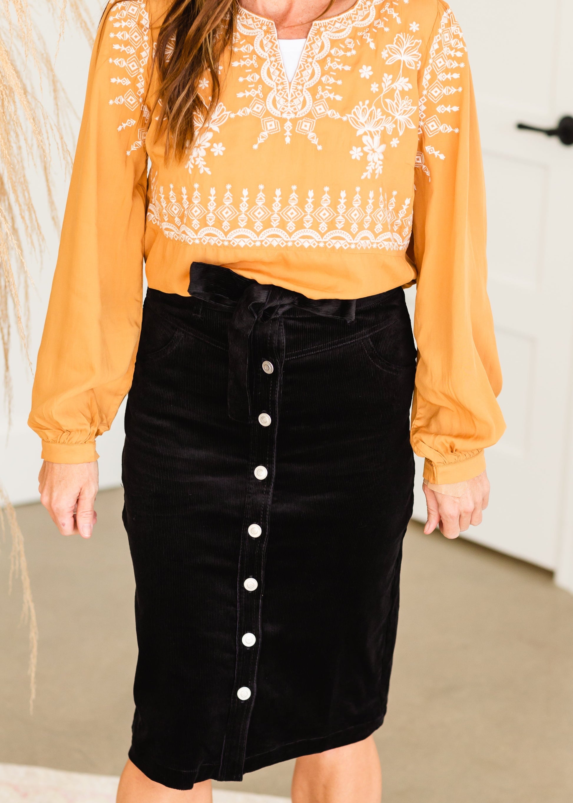 Black Tie Waist Corduroy Midi Skirt Skirts