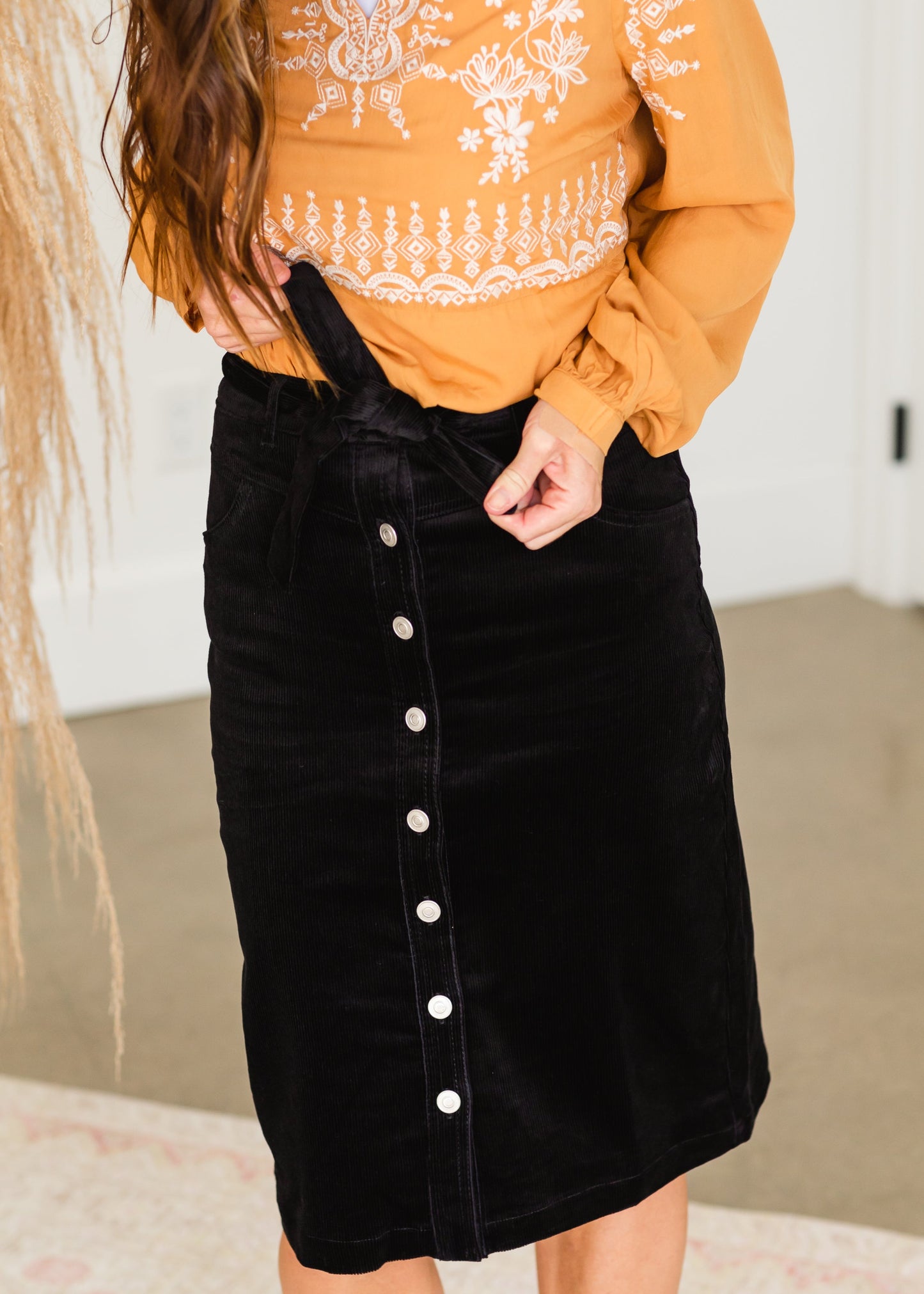 Black Tie Waist Corduroy Midi Skirt Skirts