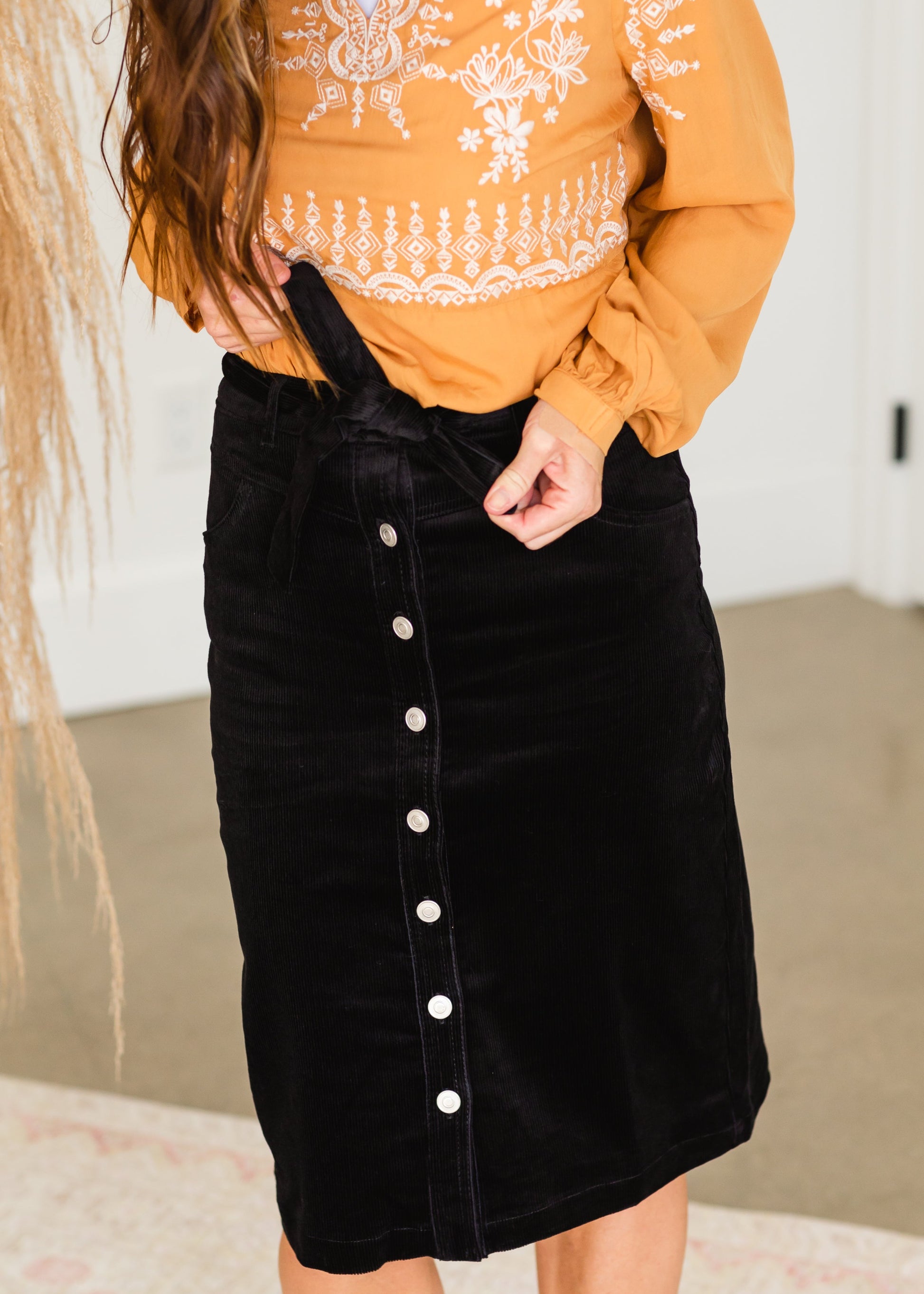 Black Tie Waist Corduroy Midi Skirt Skirts