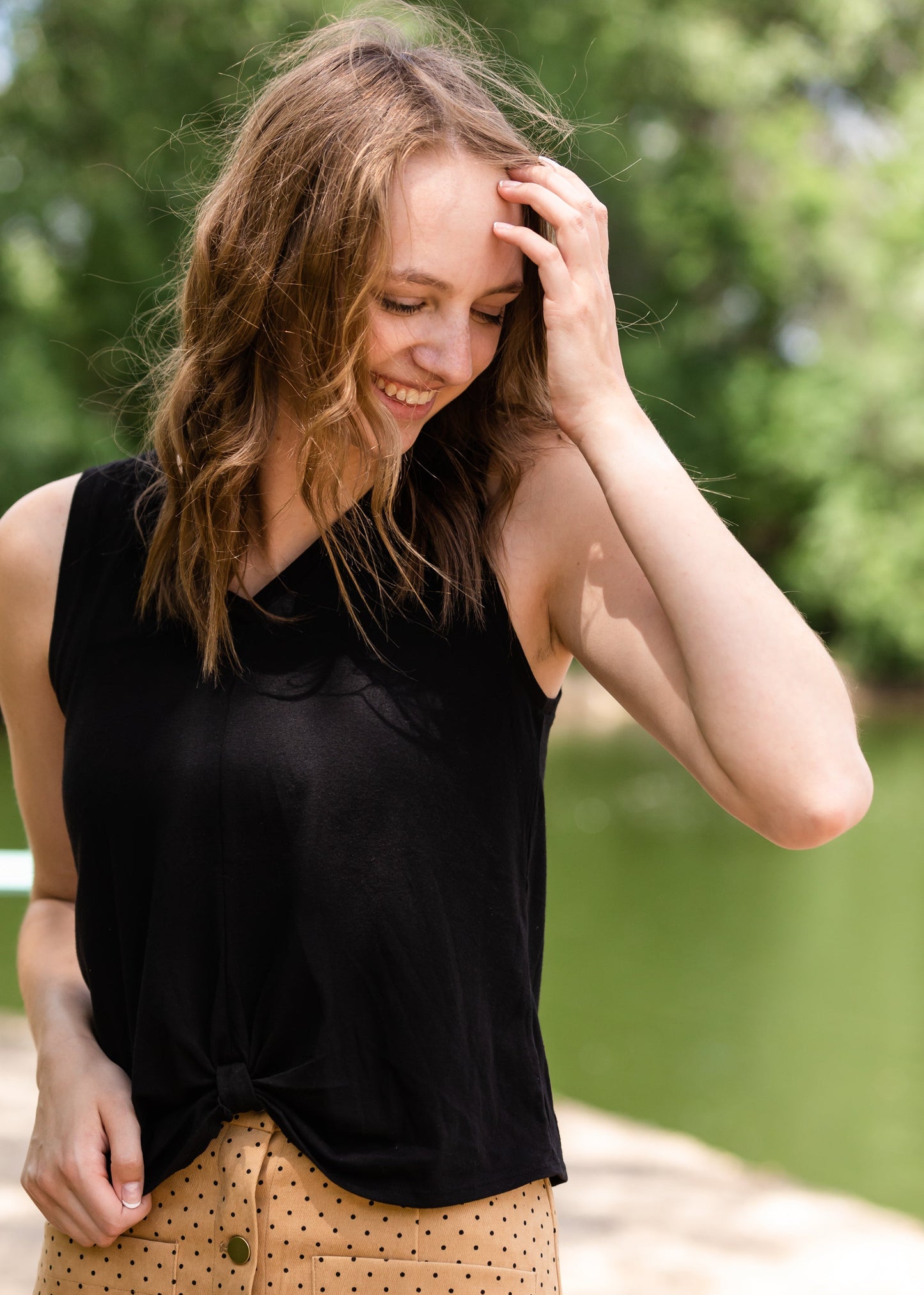 Black Triblend Front Knot Tank Top Tops