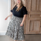 Black & White Leaf Print Tiered Midi Skirt Skirts Hayden