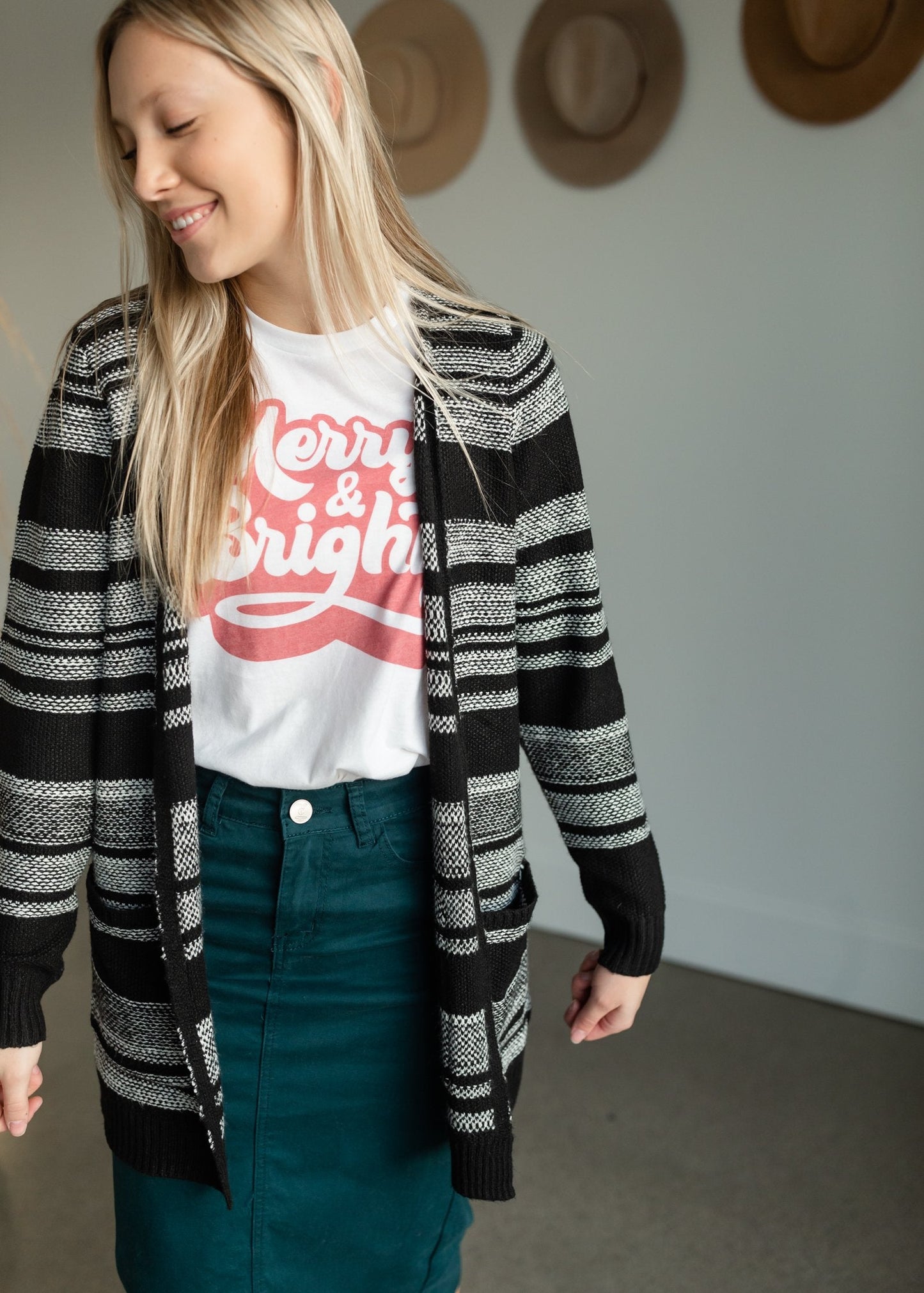 Black + White Striped Open Front Cardigan Tops Staccato